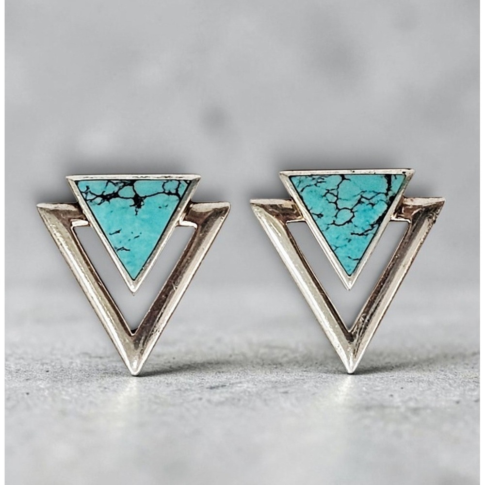 Vintage Sterling Silver Turquoise Triangle Stud Earrings Geometric Southwestern